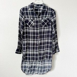 Cotton Express Black White Plaid Longline Button Down Shirt Size M